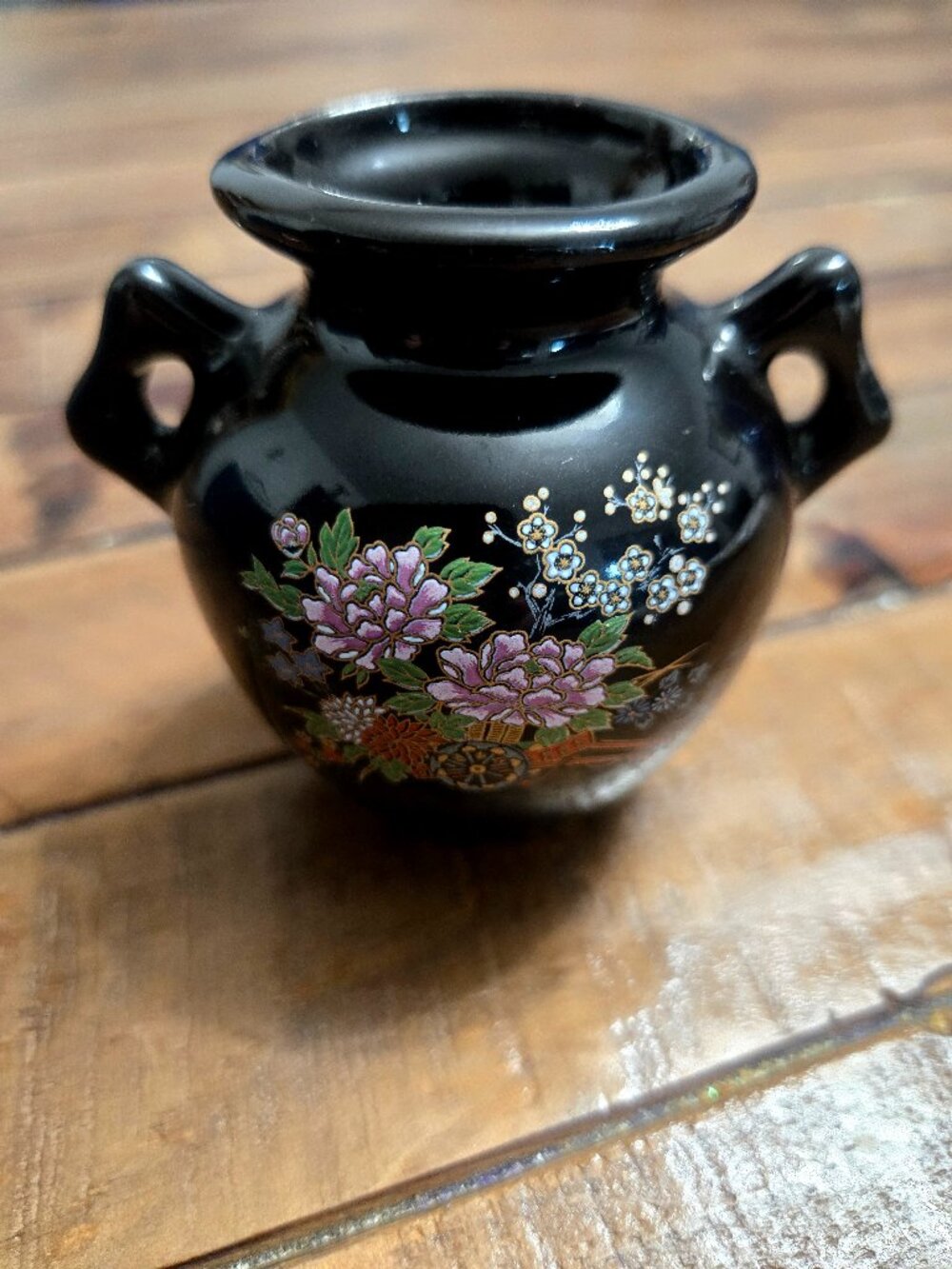 Vtg Mini Black Vase Farrah International 2 Handle Flower Cart Porcelain Japan